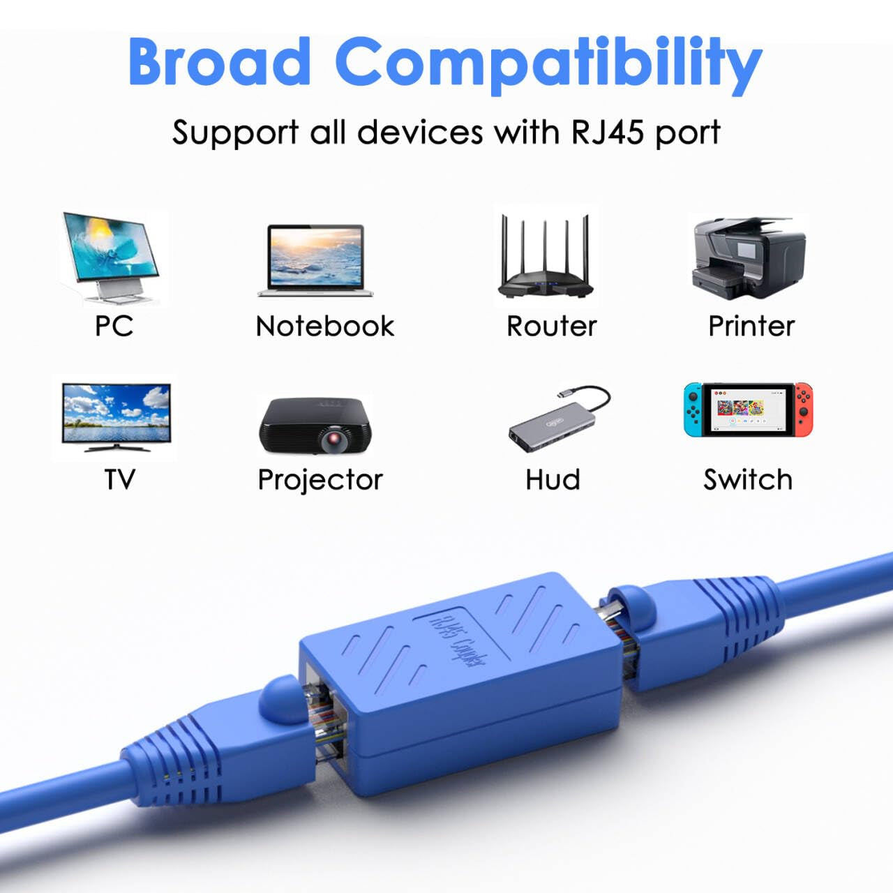 RJ45 Coupler Female to Female Ethernet Coupler for Cat7/Cat6/Cat5/Cat5E Network Cable Extender Adapter RJ45 in Line Coupler(1Pack, Blue)